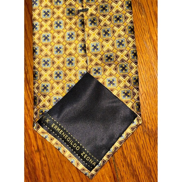Ermenegildo Zegna Mens Tie Gold Blue‎ Medallion Long - Picture 2 of 5
